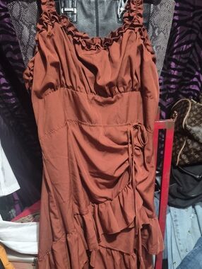 SHEIN Rust Ruffle Maxi Dress with Tie Detail